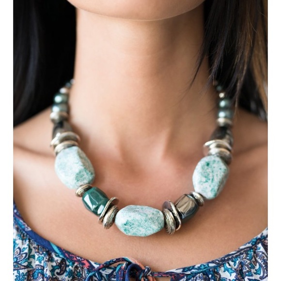 White , teal and silver necklace w/ earrings - Picture 3 of 3